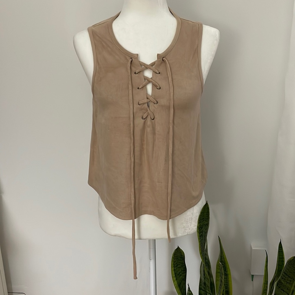 Faux Suede tie front sleeveless top